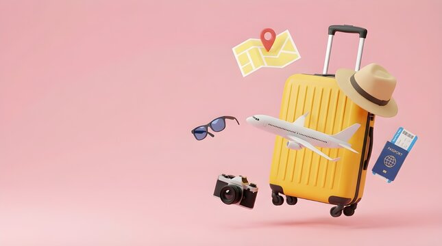 Yellow suitcase and travel accessories 3D illustration on pink background.