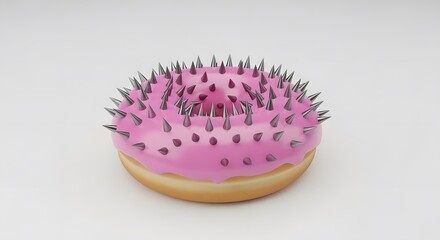 Pink Frosted Donut with Metal Spikes, Surreal Dangerous Food Art, Tactile Contrast 3D