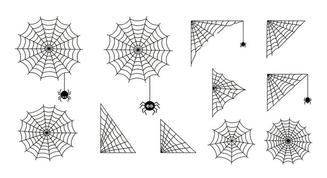Set of various black spider webs and cartoon spiders