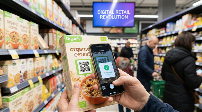 Digital retail revolution using qr codes for organic cereal shopping in supermarket aisles