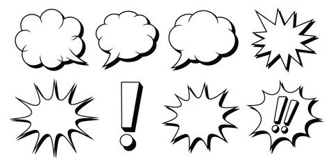 Comic book speech bubbles collection featuring classic black and white line art speech bubbles and starburst shapes, ideal for retro pop art, graphic design © John D. Thornton