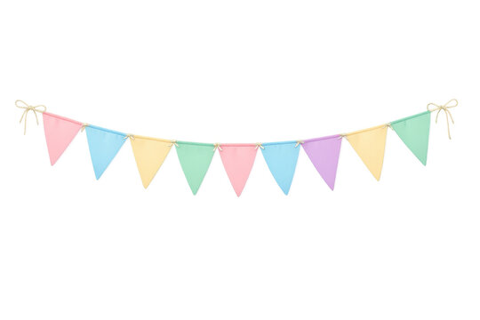 Pastel colored bunting flags string creating festive birthday party decoration and celebration design element