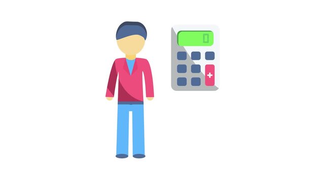 A person stands beside a calculator, appearing focused on a mathematical task or calculation.