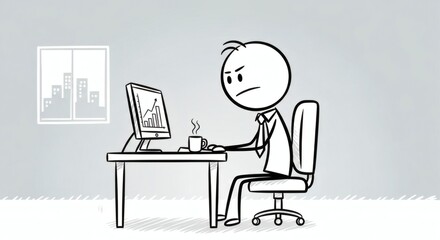 Fototapeta premium Frustrated stick figure professional facing complex financial data on a computer screen, illustrating workplace pressure and challenging business analysis