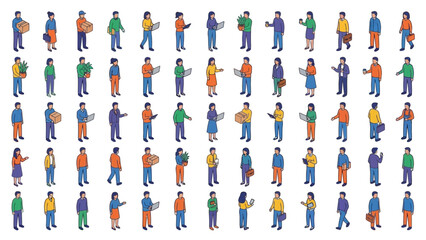 Isometric Icon Set of People Engaged in Various Activities