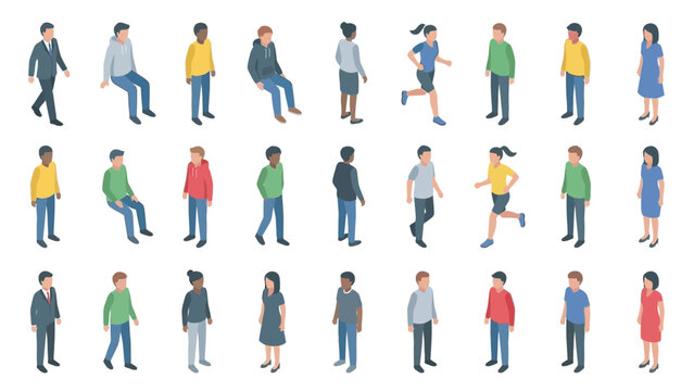Isometric Icon Set of Diverse People Standing and Walking