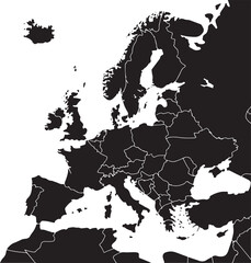 Obraz premium Black silhouette map of europe, continent outline on transparent background, geographical illustration, international borders for atlas