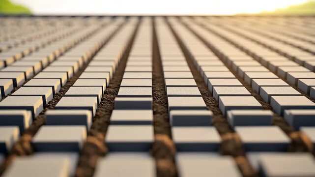 Organized Brick Field: An organized brick field showing a pattern. capturing an orderly arrangement, bathed in the warm glow of the setting sun
