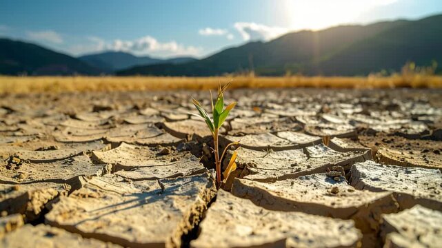 Emergence of Resilience: A solitary sprout emerges from the parched earth, a symbol of resilience and the unyielding force of nature.