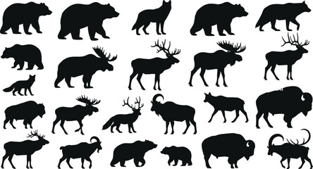 Wild animal silhouettes collection, bear deer wolf bison moose figures, wildlife nature set, black vector illustration isolated on white background © Foredul
