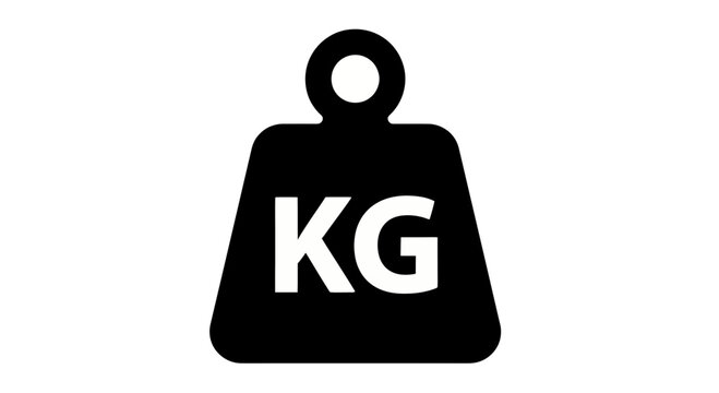 A simple yet strong solid black icon depicting a traditional weight shape with the abbreviation "KG" clearly marked, representing kilograms.