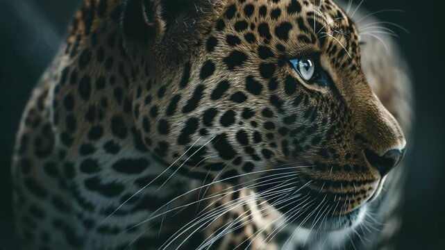 Close-up of a majestic leopard with piercing blue eyes showcasing its intricate fur patterns and intense gaze in a dark setting.