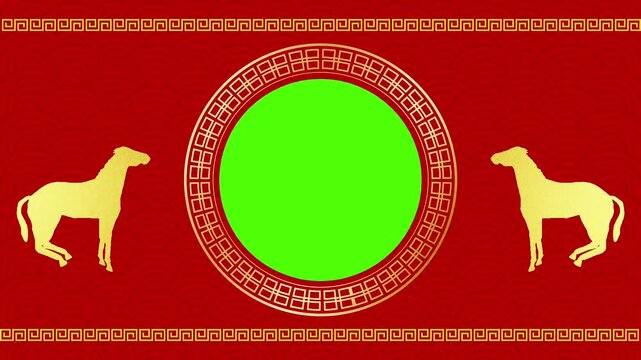 Seamless horizontal animated background featuring golden horse silhouettes, traditional Chinese ornaments, and green screen circle. Perfect for Chinese New Year thumbnails, zodiac content, promotions,