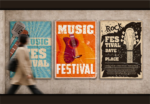 Colorful Grunge Music Festival Street Glued Posters Mockup