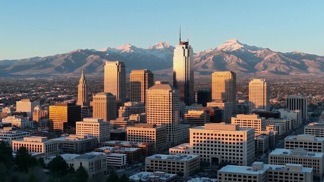 Golden Hour Cityscape with Snowcapped Mountains in the Background