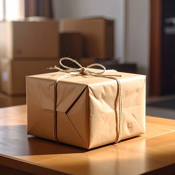 Wrapped package on a wooden table with a bow, ready for delivery or gifting.