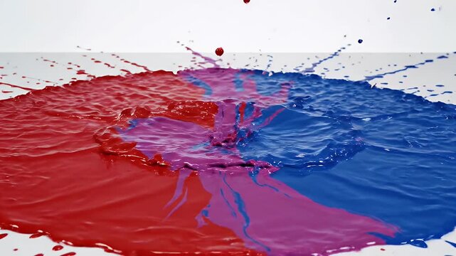 Vibrant Red and Blue Liquids Collide Creating Dynamic Splashes and Explosive Droplets on a Clean White Surface Under