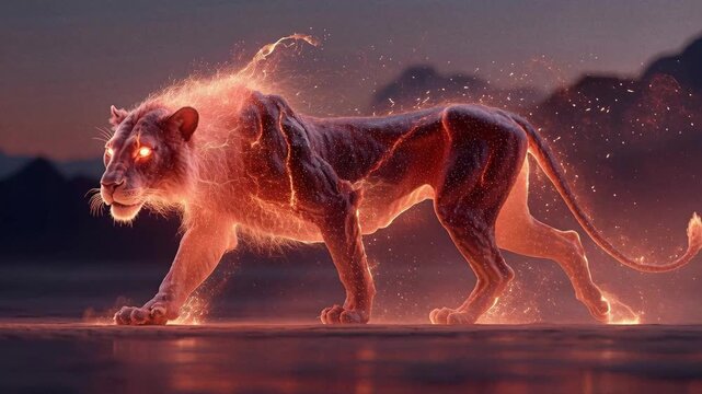 A flaming lion strides on a rocky terrain against a foggy backdrop in a digital artwork Warm and cool tones contrast, emphasizing the powerful and ferocious animal - AI-Generated