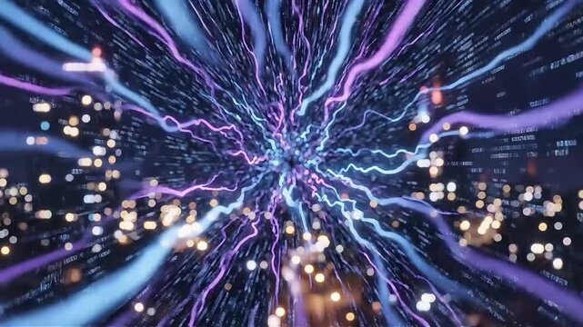 Abstract digital network visualization with glowing energy streams and binary code representing connectivity data flow technology innovation and futuristic concepts