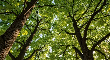 Fototapeta premium Sunlight through vibrant green tree canopy from low angle