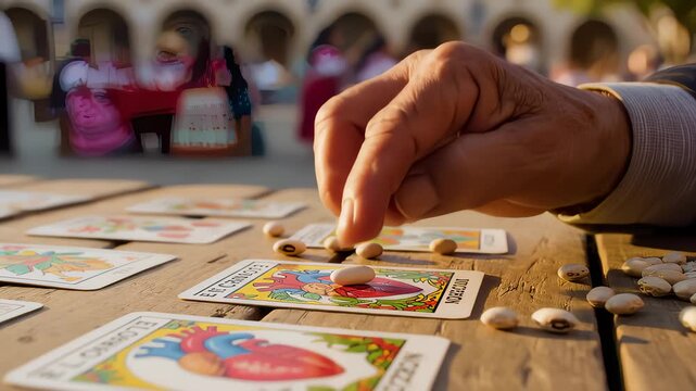 Person Placing Beans on Tarot Cards for a Reading Outdoors
