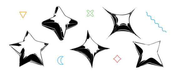 Black y2k stars abstract shapes in 3d inflated style. Grunge balloon icon set for poster, banner, flyer, streetwear print. Techno star design elements collection. Retro trendy illustration. Vector