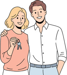 Obraz premium Smiling Young Couple Holding Keys in Front of New House, Concept of Real Estate Investment, First Home Ownership Achievement, Family Housing Illustration