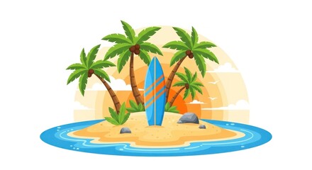 Fototapeta premium Tropical island with palm trees and surfboard at sunset