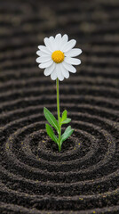 White daisy flower with yellow center growing from dark soil arranged in concentric circular patterns, symbolizing hope and growth