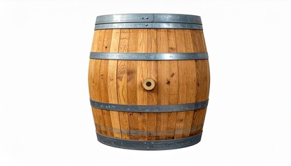 Obraz premium Wooden Barrel with Metal Hoops - A Detailed Studio Shot on White Background.