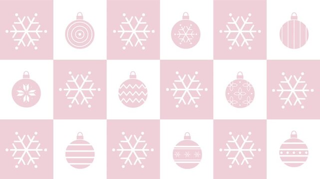 Christmas Geometric Square Pattern. Animation with Winter Elements. Abstract Moving Loop Background. Banner. Christmas Ornaments, Snowflakes. Video in Pink, White