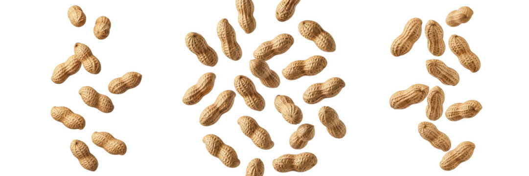 Shelled peanuts falling from the sky, light brown texture, mid-air scattered motion, realistic look, isolated on a white background