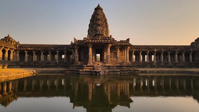 Ancient Stone Temple Ruins With Intricate Carvings Reflected In Calm Water At Golden Hour Sunset