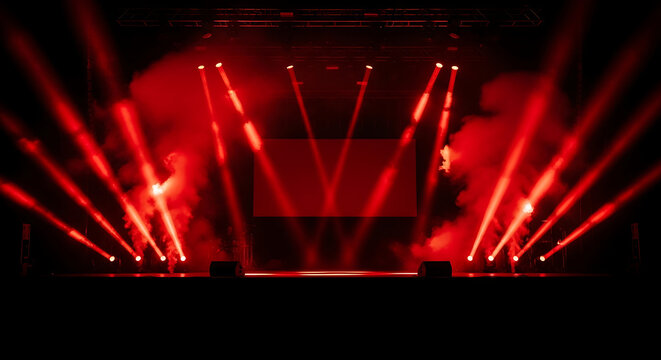 Empty Concert Stage with Red Spotlights, Smoke Effects and Dark Atmosphere for Performance