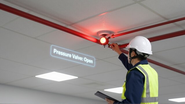Technician inspects fire suppression system pipes with augmented reality data overlay