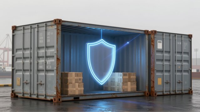 Shipping container with stacked boxes and a glowing neon shield hologram inside
