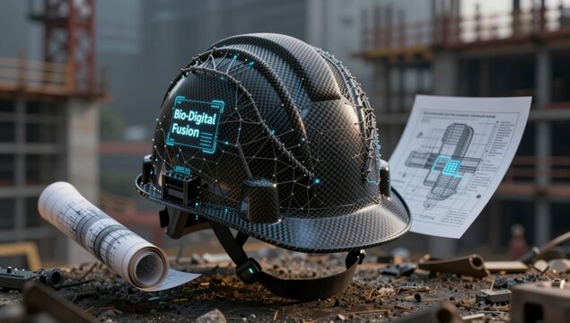 Futuristic carbon fiber hard hat with glowing digital display and blueprints at construction site
