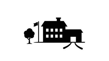 Simple black silhouette of a school building with a flag and tree. © Jack