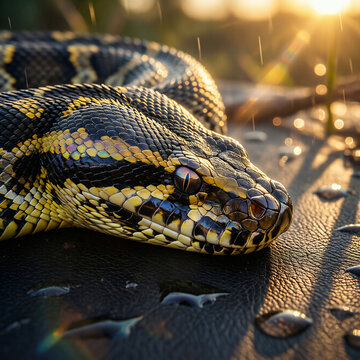 Black and yellow snake head with water drops in sunlight