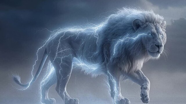 Close-up of a realistically detailed, electrified lion on cloudy background - AI-Generated