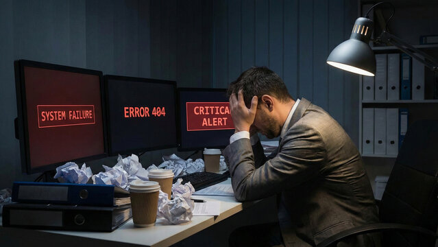 Hombre de negocios estresado con la cabeza en las manos en un escritorio desordenado rodeado de papeles y pantallas de error.
