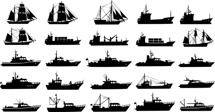 Ship silhouette set, boat vector icons, maritime vessel illustration, fishing yacht cargo ferry, black transport shapes, nautical graphic pack