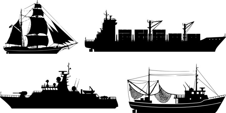 Ship silhouette set, boat vector icons, maritime vessel illustration, fishing yacht cargo ferry, black transport shapes, nautical graphic pack
