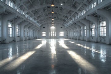 Naklejka premium Sunlit Empty Industrial Warehouse Interior with Arched Ceiling and Reflection on Floor