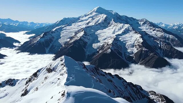A stunning aerial view captures majestic snow-capped mountain peaks rising dramatically above a vast sea of fluffy white clouds under a clear blue sky.