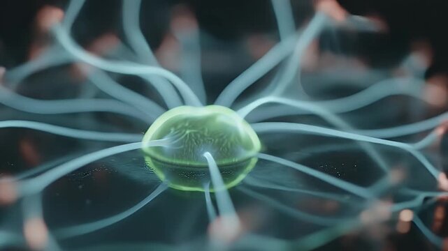 Abstract Glowing Green Sphere Emitting Light Tendrils With Orange Tips Against Dark Background