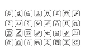 Minimal black outline icon set designed for web use, clean and modern UI/UX pictogram style. Thin and consistent stroke weight, rounded corners, monochrome black on white background. Each icon placed 