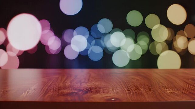 Warm Wooden Tabletop Surface with Colorful Bokeh Lights Background for Product Display and Festive Ambiance