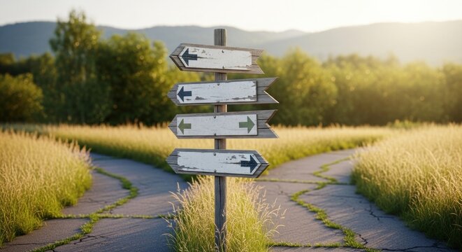 Wooden signpost with multiple arrows on diverging paths in sunny field