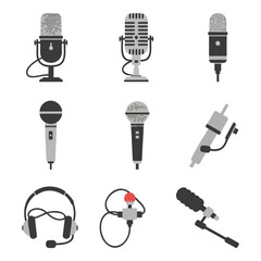 Set of professional microphones and headphones icons for recording and broadcasting